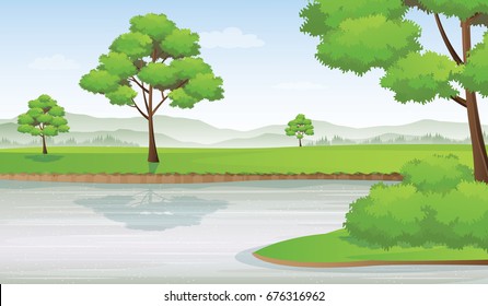 River Landscape and Valley Scenery Vector Illustration