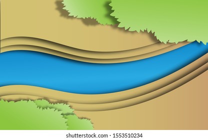 river with layered land and tree leaves top view vector illustration in paper art style design. can use for wallpaper, book cover, ecology and environment illustration. vector illustration