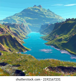 A river leading to a mountain landscape
