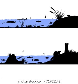 River life vector illustration : silhouettes of rivers animals, plants and fish