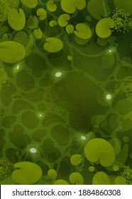 River with lilies top view. Green water surface with sunlight reflection and ripples. Water lilies in the swamp. Vector 