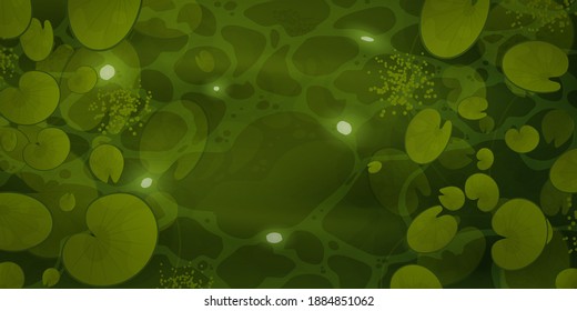 River with lilies top view. Water lilies in the swamp.Green water surface with sunlight reflection and ripples. Vector illustration.