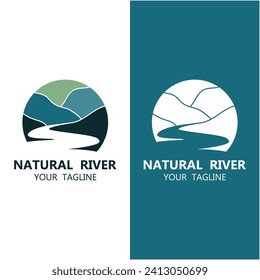 River logo with combination of mountains and farmland with vector concept design. logo for many kind of business, travel agency and nature photographer