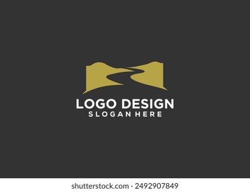 River logo with combination of mountains and farmland with vector concept design.