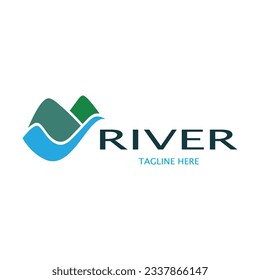 Logotipo del río, calas, riberas y arroyos, con combinación de montañas y tierras de cultivo con diseño de concepto vectorial.