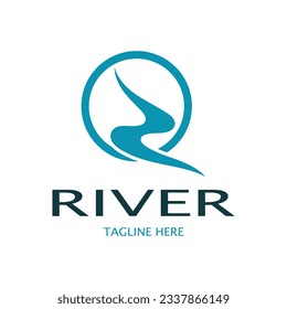 River logo, creeks, riverbanks and streams, with combination of mountains and farmland with vector concept design.
