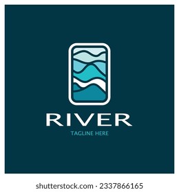 Logotipo del río, calas, riberas y arroyos, con combinación de montañas y tierras de cultivo con diseño de concepto vectorial.