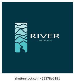 Logotipo del río, calas, riberas y arroyos, con combinación de montañas y tierras de cultivo con diseño de concepto vectorial.
