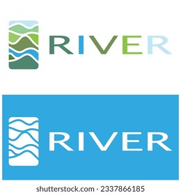 River logo, creeks, riverbanks and streams, with combination of mountains and farmland with vector concept design.