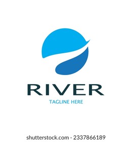 River logo, creeks, riverbanks and streams, with combination of mountains and farmland with vector concept design.