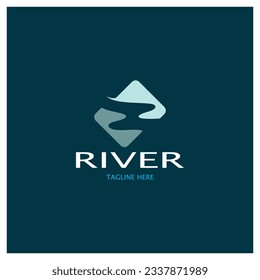 River logo, creeks, riverbanks and streams, with combination of mountains and farmland with vector concept design.