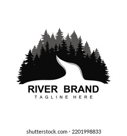 River Logo Design, River Creek Vector, Riverside Illustration With A Combination Of Mountains And Nature, Product Brand