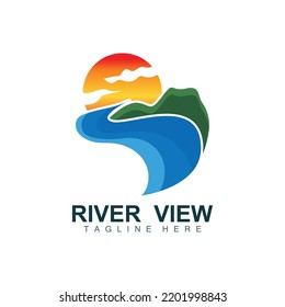 River Logo Design, River Creek Vector, Riverside Illustration With A Combination Of Mountains And Nature, Product Brand