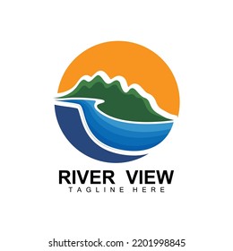 River Logo Design, River Creek Vector, Riverside Illustration With A Combination Of Mountains And Nature, Product Brand