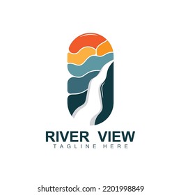 River Logo Design, River Creek Vector, Riverside Illustration With A Combination Of Mountains And Nature, Product Brand