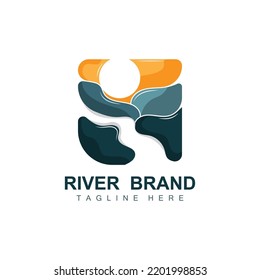 River Logo Design, River Creek Vector, Riverside Illustration With A Combination Of Mountains And Nature, Product Brand