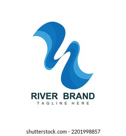 River Logo Design, River Creek Vector, Riverside Illustration With A Combination Of Mountains And Nature, Product Brand
