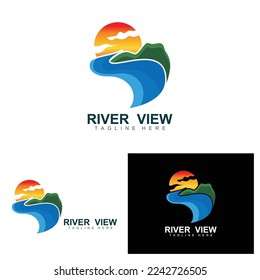 River Logo Design, River Creek Vector, Riverside Illustration With A Combination Of Mountains And Nature, Product Brand