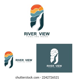 Diseño De Logotipos De Río, Vector De Creek De Río, Ilustración En Riverside Con Una Combinación De Montañas Y Naturaleza, Marca De Producto