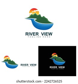 River Logo Design, River Creek Vector, Riverside Illustration With A Combination Of Mountains And Nature, Product Brand