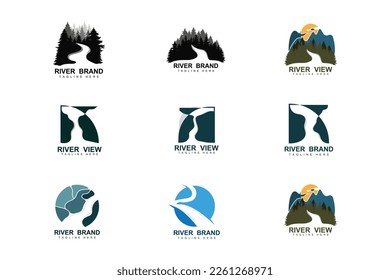 Diseño De Logotipos De Río, Vector De Creek De Río, Ilustración En Riverside Con Una Combinación De Montañas Y Naturaleza, Marca De Producto