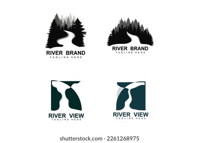 Diseño De Logotipos De Río, Vector De Creek De Río, Ilustración En Riverside Con Una Combinación De Montañas Y Naturaleza, Marca De Producto
