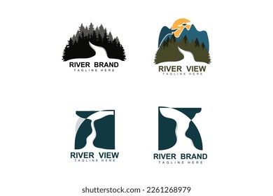 Logo-Design, Fluss-Creek-Vektorgrafik, Illustration am Flussufer mit einer Kombination aus Bergen und Natur, Produktmarke
