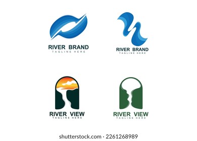 Diseño De Logotipos De Río, Vector De Creek De Río, Ilustración En Riverside Con Una Combinación De Montañas Y Naturaleza, Marca De Producto