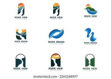 River Logo Design, River Creek Vector, Riverside Illustration With A Combination Of Mountains And Nature, Product Brand