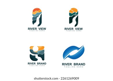 River Logo Design, River Creek Vector, Riverside Illustration With A Combination Of Mountains And Nature, Product Brand