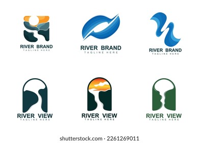 River Logo Design, River Creek Vector, Riverside Illustration With A Combination Of Mountains And Nature, Product Brand