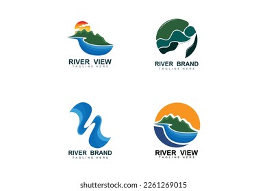 Diseño De Logotipos De Río, Vector De Creek De Río, Ilustración En Riverside Con Una Combinación De Montañas Y Naturaleza, Marca De Producto