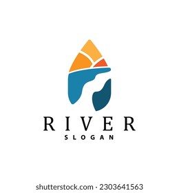 River Logo Design, River Creek Vector, Riverside Illustration With A Combination Of Mountains And Nature, Product Brand