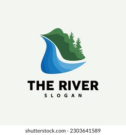 Diseño De Logotipos De Río, Vector De Creek De Río, Ilustración En Riverside Con Una Combinación De Montañas Y Naturaleza, Marca De Producto