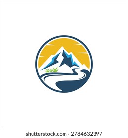 River Logo Design, River Creek Vector, Riverside Illustration With A Combination Of Mountains And Nature, Product Brand