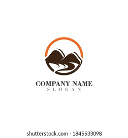 River logo simple mountain sunset sky nature hill vector design template