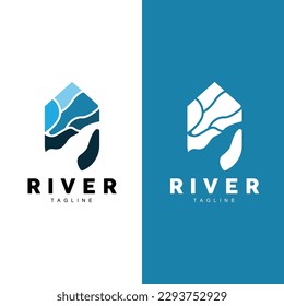 River Logo, Streamer Vector, River Bank, Mountains And Farm Design, Illustration Symbol Icon