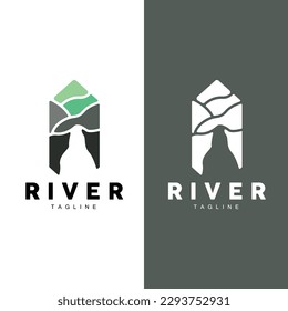 River Logo, Streamer Vector, River Bank, Mountains And Farm Design, Illustration Symbol Icon