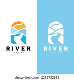 River Logo, Streamer Vector, River Bank, Mountains And Farm Design, Illustration Symbol Icon