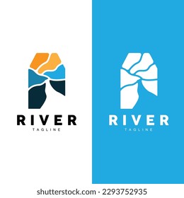 River Logo, Streamer Vector, River Bank, Mountains And Farm Design, Illustration Symbol Icon