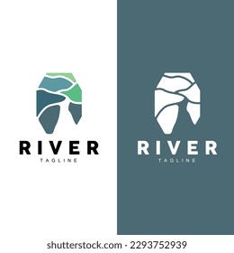 River Logo, Streamer Vector, River Bank, Mountains And Farm Design, Illustration Symbol Icon