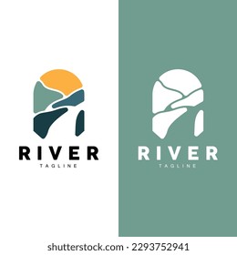 River Logo, Streamer Vector, River Bank, Mountains And Farm Design, Illustration Symbol Icon