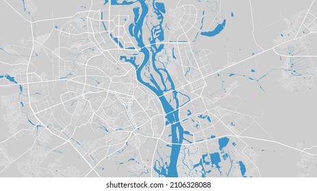 River map vector illustration. Dnieper river map, Kyiv city, Ukraine. Watercourse, water flow, blue on grey background road map. Detailed silhouette.
