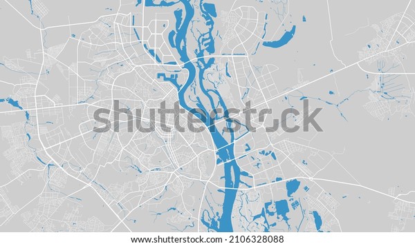 River map vector illustration. Dnieper river\
map, Kyiv city, Ukraine. Watercourse, water flow, blue on grey\
background road map. Detailed\
silhouette.