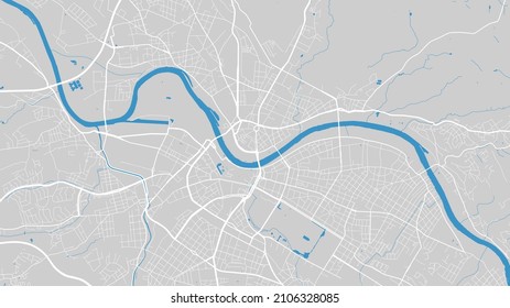 River map vector illustration. Elbe river map, Dresden city, Germany. Watercourse, water flow, blue on grey background road map. Detailed silhouette.