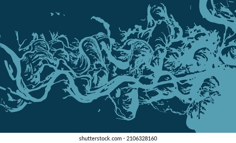 River map vector illustration. Pripyat river map, Ukraine. Watercourse, water flow, blue on dark background. Detailed silhouette.