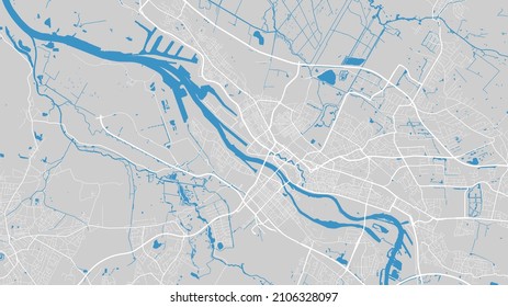 Flussdiagramm, Vektorgrafik. Weser River Map, Bremen City, Deutschland. Wasserlauf, Wasserfluss, blau auf grauem Hintergrund, Straßenkarte. Detaillierte Silhouette.