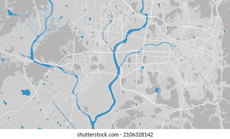 Flussdiagramm, Vektorgrafik. Jeongsan Flussplan, Gwangju Stadt, Südkorea. Wasserlauf, Wasserfluss, blau auf grauem Hintergrund, Straßenkarte. Detaillierte Silhouette.