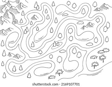 River maze graphic black white sketch map top aerial view illustration vector