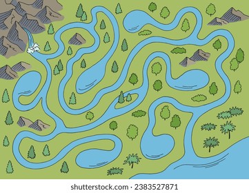 River maze graphic color sketch map top aerial view illustration vector